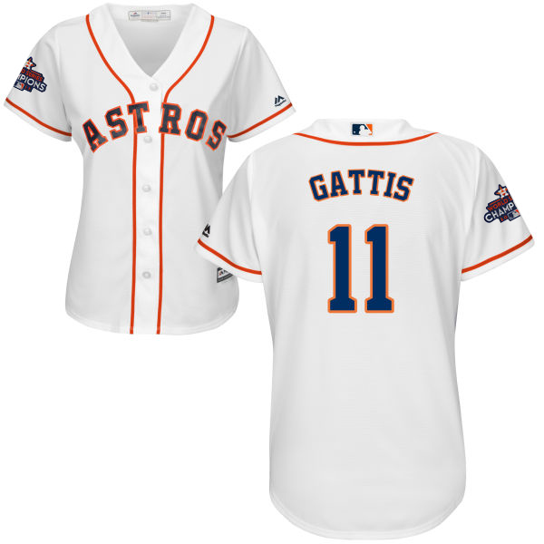 Astros #11 Evan Gattis White Home World Series Champions Women's Stitched MLB Jersey - Click Image to Close